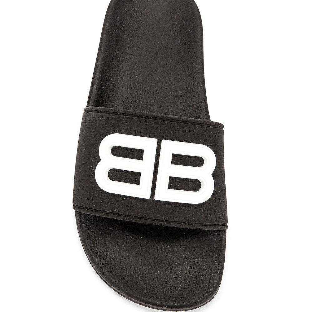 Balenciaga Black Pool Slide Sandals In Black/White Flats